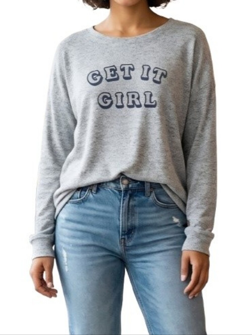 Free Press Gray Lounge Graphic Top "Get It Girl" Drop Shoulder Long Sleeves
